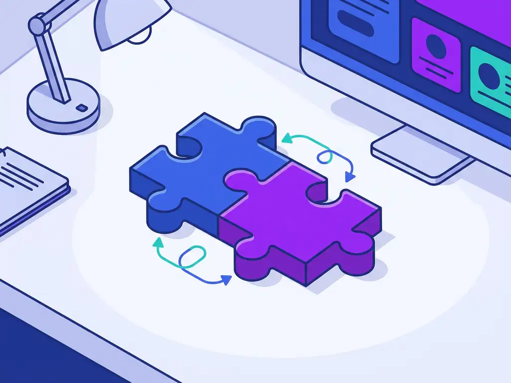 Blauwe en paarse puzzelstukken die naadloos in elkaar grijpen op een minimalistische bureauondergrond, symbool voor ATS-HR software integratie.
