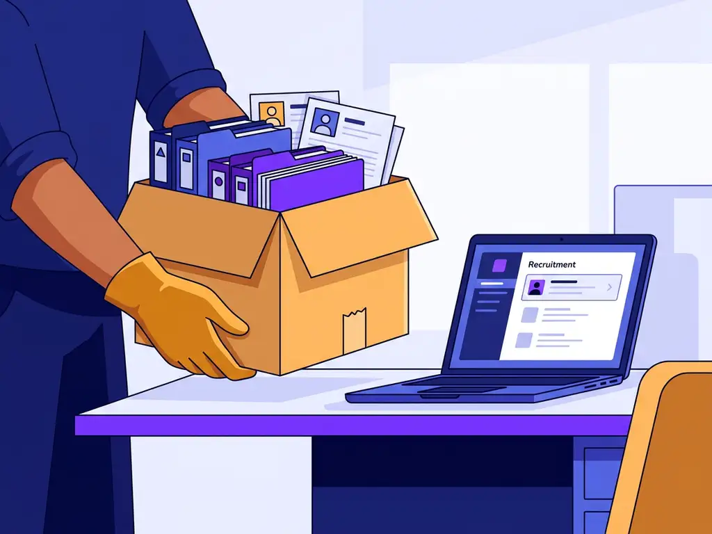 Verhuisdoos met sollicitatiemappen op modern bureau naast open laptop, symboliseert overdracht van recruitmentdossiers.