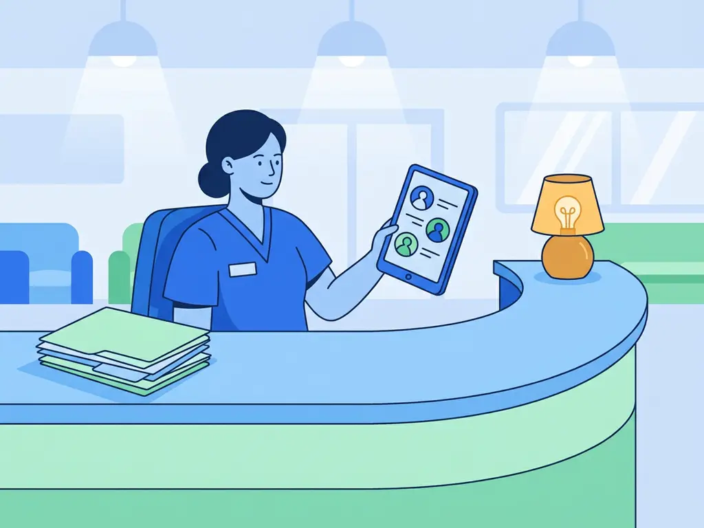 Verpleegkundige in scrubs bekijkt kandidaatprofielen op tablet aan ziekenhuisbalie, stapel sollicitatiemappen naast haar.