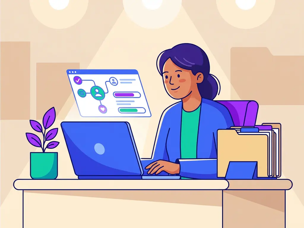 Vrijwilligerscoördinator bekijkt recruitmentpipeline op laptop aan opgeruimd nonprofitbureau met plant en mappen.
