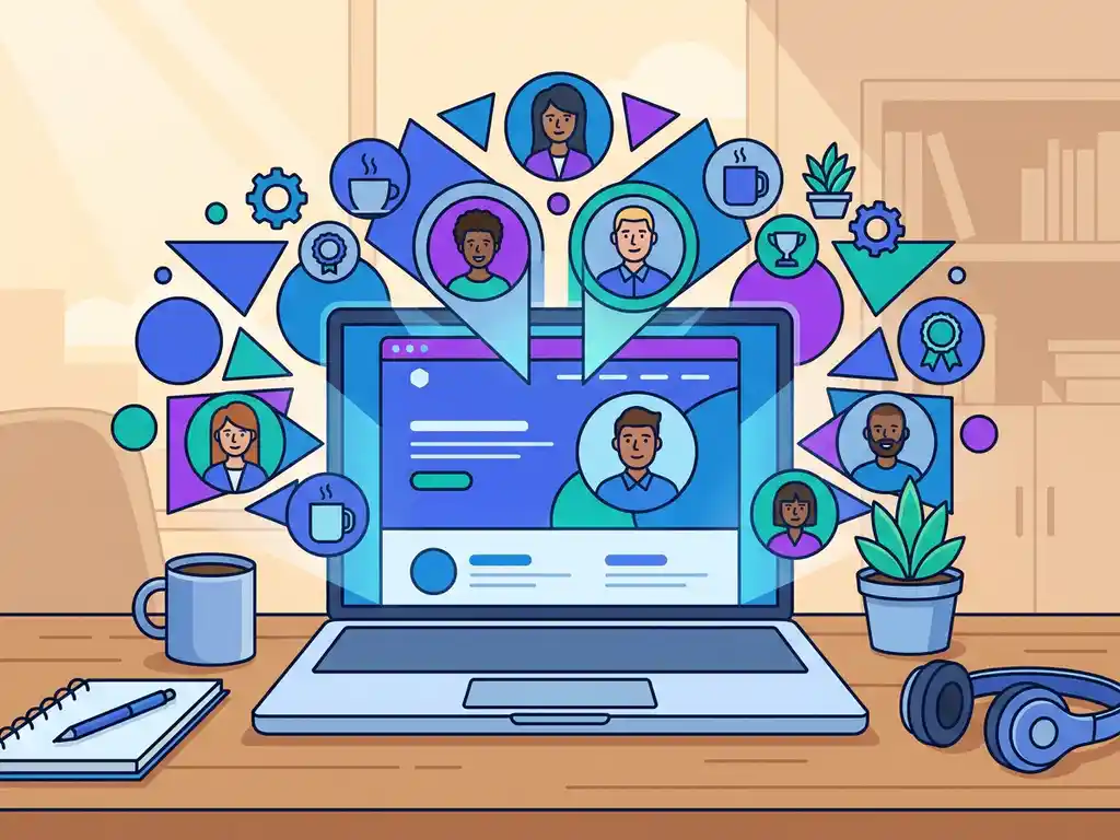 Recruiter aan bureau met laptop toont levendig employer branding carrièresite in blauw, paars en teal vectorillustratie.
