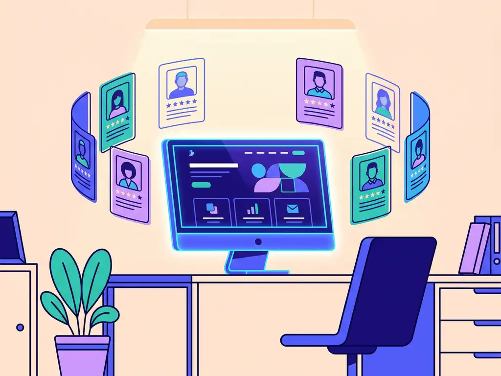 Werkgeversmerk carrièrepagina op monitor met zwevende kandidaatprofielen en sterbeoordeling-badges in blauw, violet en teal.