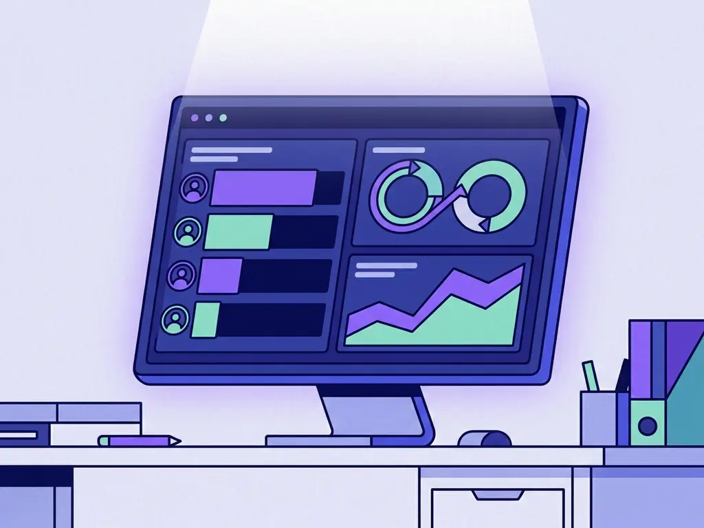 Recruitmentdashboard met kandidatenpipeline, voortgangsringen en grafieken in indigo, violet en teal tinten.