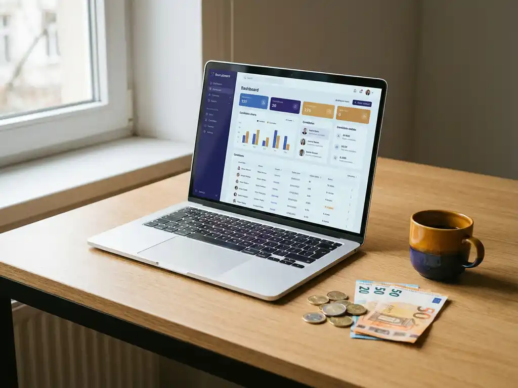 Modern bureau met laptop waarop een recruitmentdashboard zichtbaar is, omringd door euromunten, bankbiljetten en een koffiekopje.