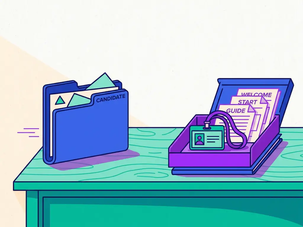 Kandidatenmap schuift over bureau naar open welkomstpakket met naamkaartje en startdocumenten, symboliseert overgang van werving naar onboarding.