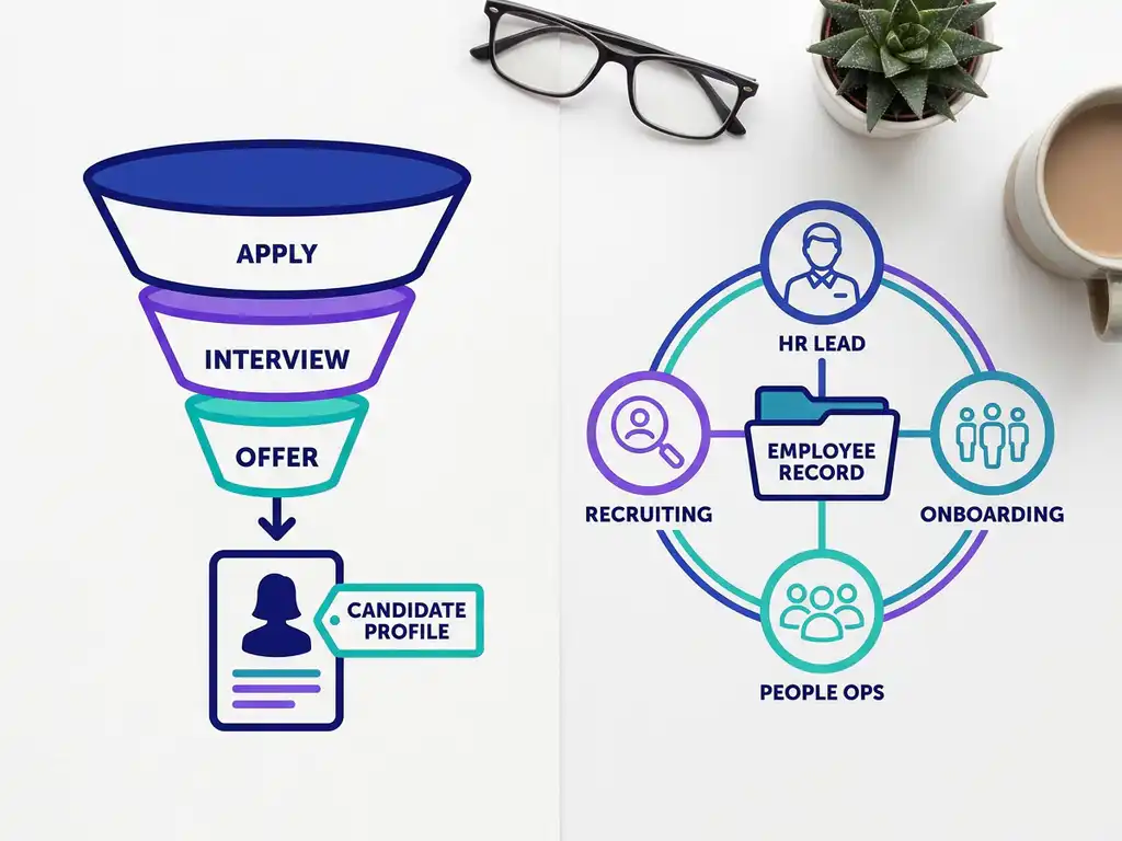 Wervingsfunnel en HR-organigram naast kandidaatprofiel en personeelsdossier op wit bureau, vlakke illustratie in blauw en violet.