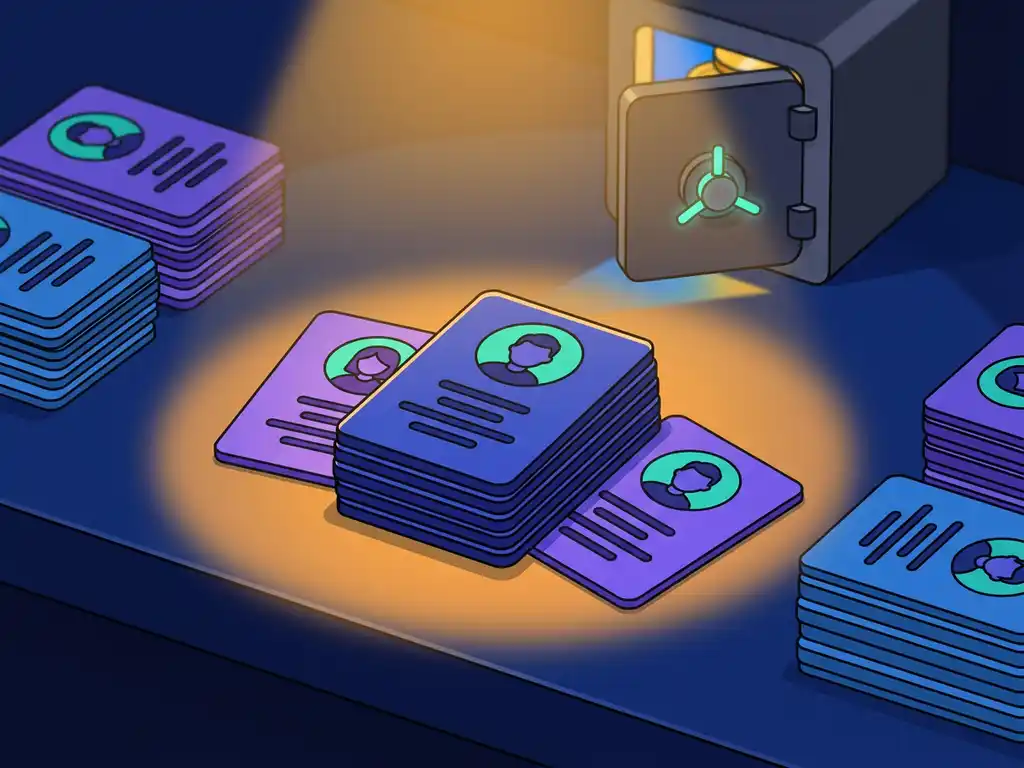 Uitgewaaide kandidaatprofielkaarten op donker bureau met kleine kluisdeur op achtergrond, blauw-violet kleurenpalet, flat illustration stijl.