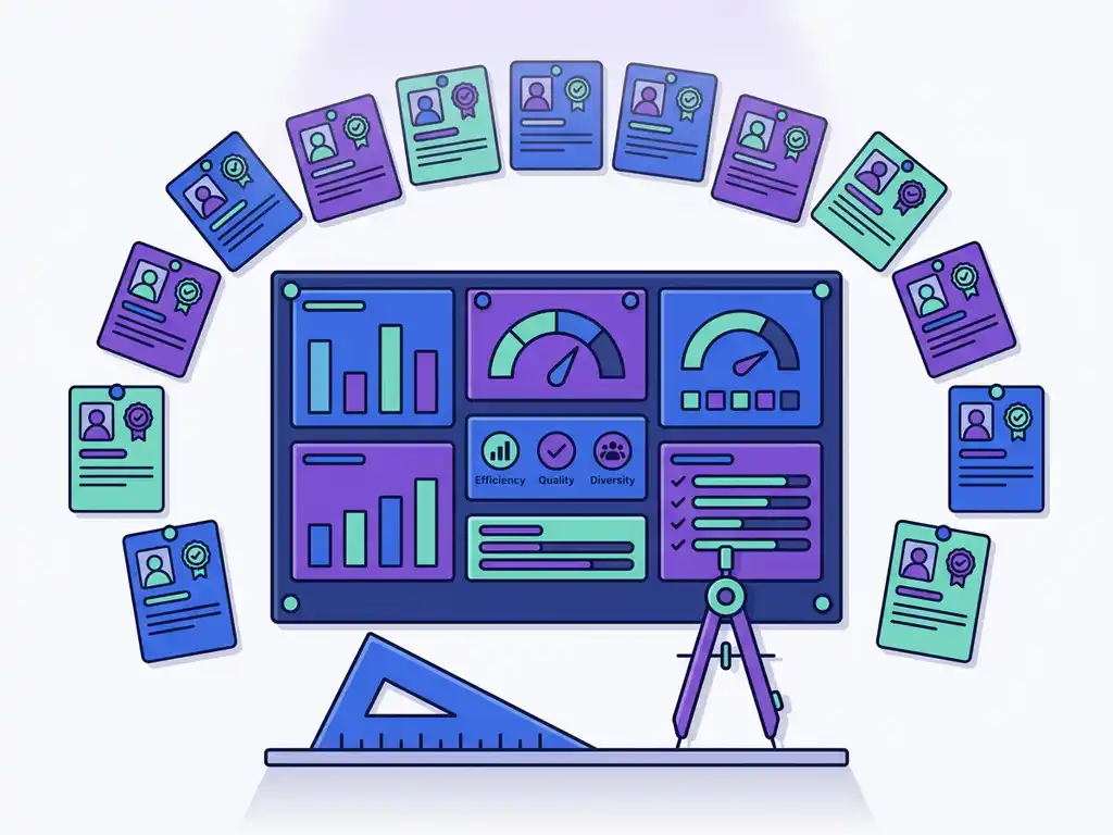 Recruitmentdashboard als benchmark-scorecard op witte muur, omgeven door kandidaatprofielkaarten in boog, met geodriehoek en passer in blauw-violet-teal.