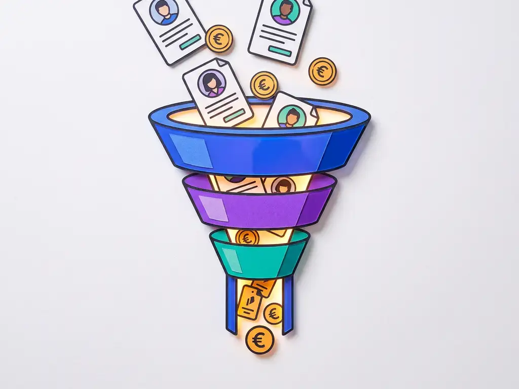 Wervingsfunnel als geometrisch 3D-object met doorstromende kandidaatprofielen en euromunten, in elektrisch blauw, violet en teal met amber kostenaccenten.