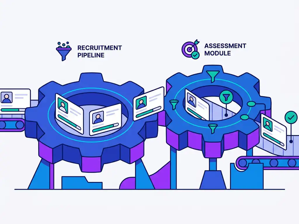 Twee tandwielvormige transportbanden verbinden recruitmentpipeline met assessmentmodule, met kandidaatprofielkaarten in blauw-violet kleurenpalet.