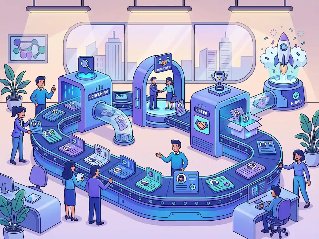 Wervingspipeline als lopende band met kandidaatprofielen door sorteerstations in modern uitzendbureau, vlakke illustratie in elektrisch blauw en violet.