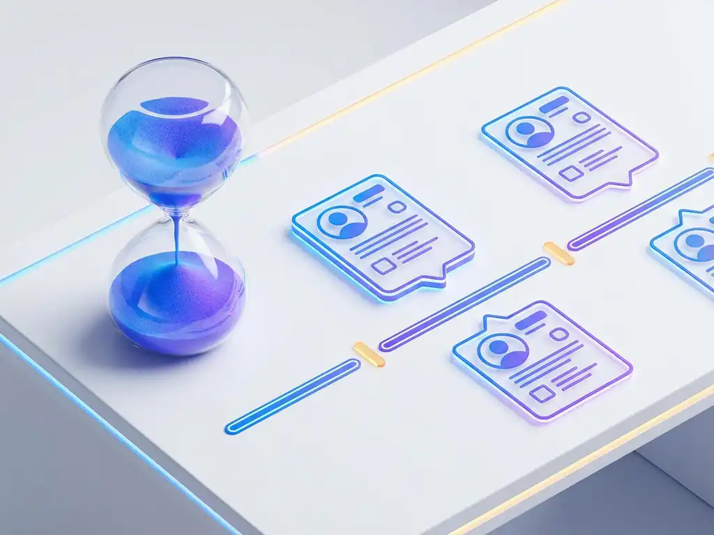 Zandloper met stromend zand omringd door kandidaatprofielen op een tijdlijn, symboliseert snel werven in blauw en violet.