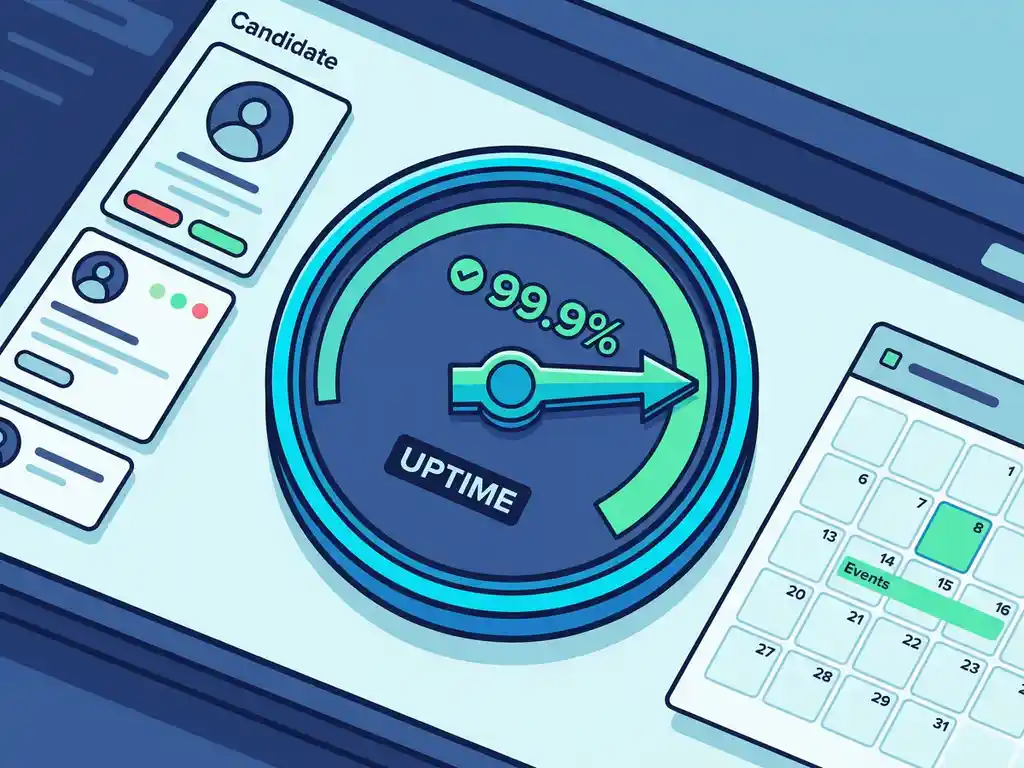 Digitaal dashboard met uptime-meter in het groen, omgeven door kandidaatprofielkaarten en een kalenderraster in blauw en cyaan.