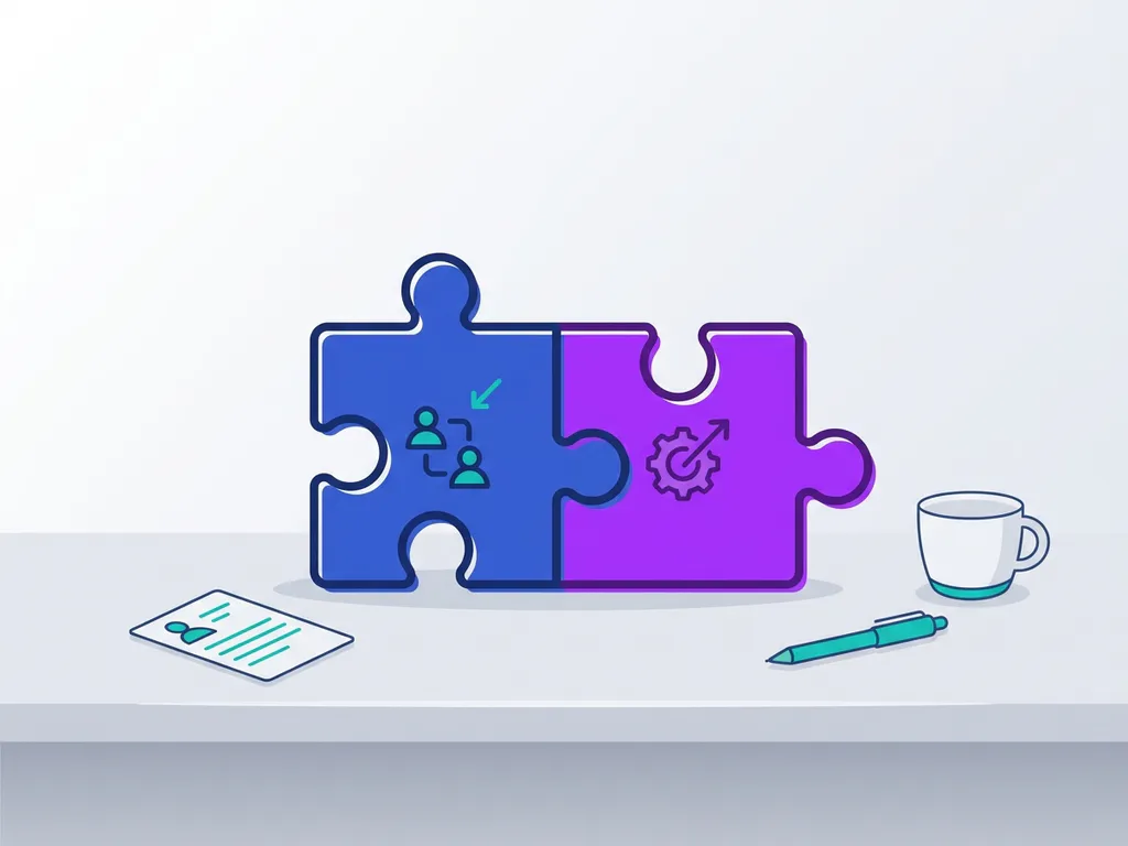 Twee in elkaar passende puzzelstukken in blauw en paars op een modern bureau, symbool voor de integratie van CRM en ATS in recruitment.