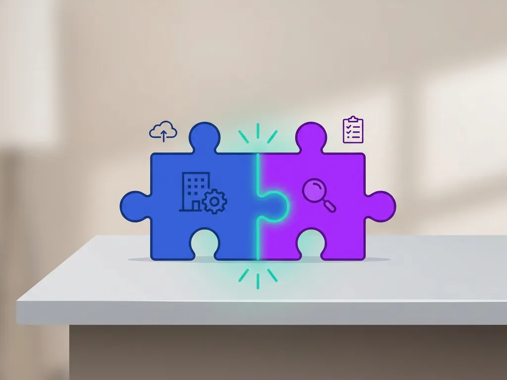 Blauwe en paarse puzzelstukken die in elkaar klikken, symboliseren de integratie van een CRM-systeem en ATS.