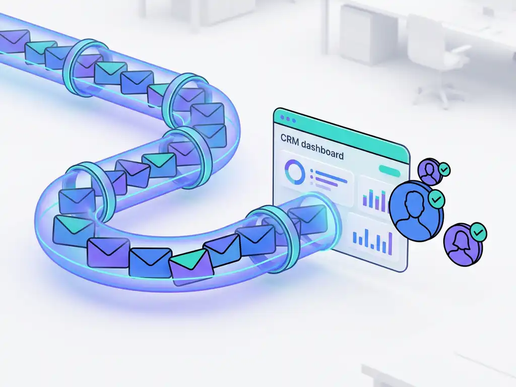 E-mails stromen via een gloeiende pipeline naar een CRM-dashboard met kandidaatprofielen, in elektrisch blauw, violet en teal.