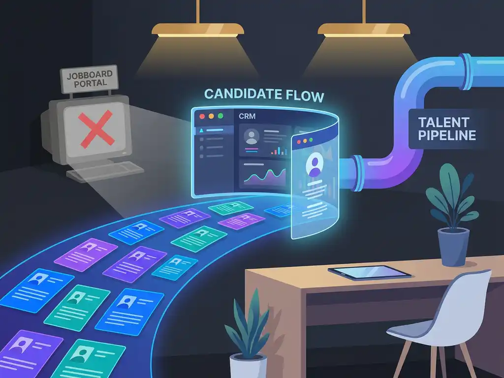 Stroom van kandidaatkaarten vloeit in een modern CRM-dashboard, terwijl een vacatureportaal vervaagt op de achtergrond.
