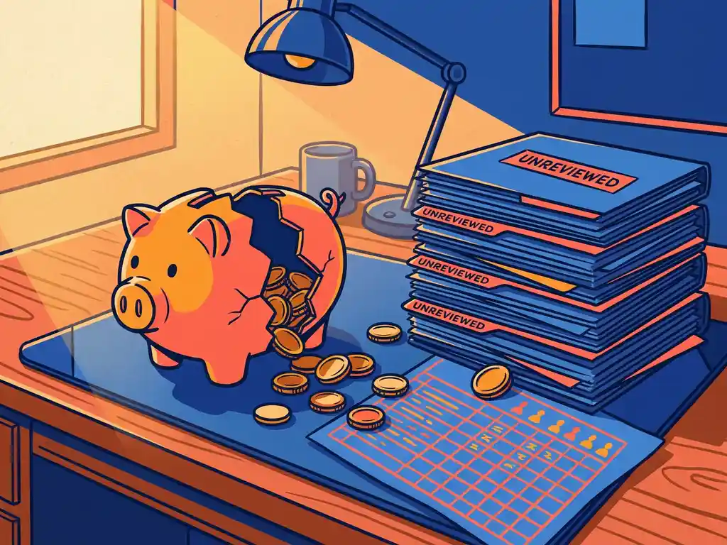 Gebarsten spaarpot die munten uitstrooit op een bureau met stapels kandidatenmappen en een half bedekt budgetoverzicht.