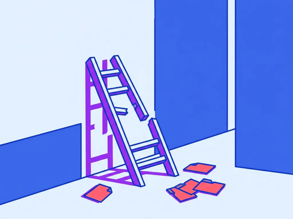 Holle ladder met gebroken sporten tegen kantoorwand, papieren kandidatendossiers aan de voet, in kobaltblauw, paars en koraal.