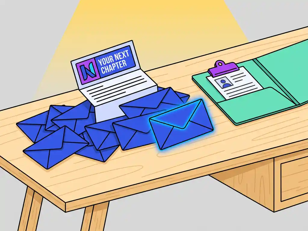 Eén gloeiende kobaltblauwe envelop onderscheidt zich van identieke witte enveloppen op een modern bureau, met een recruitmentmap en kandidaatprofiel.