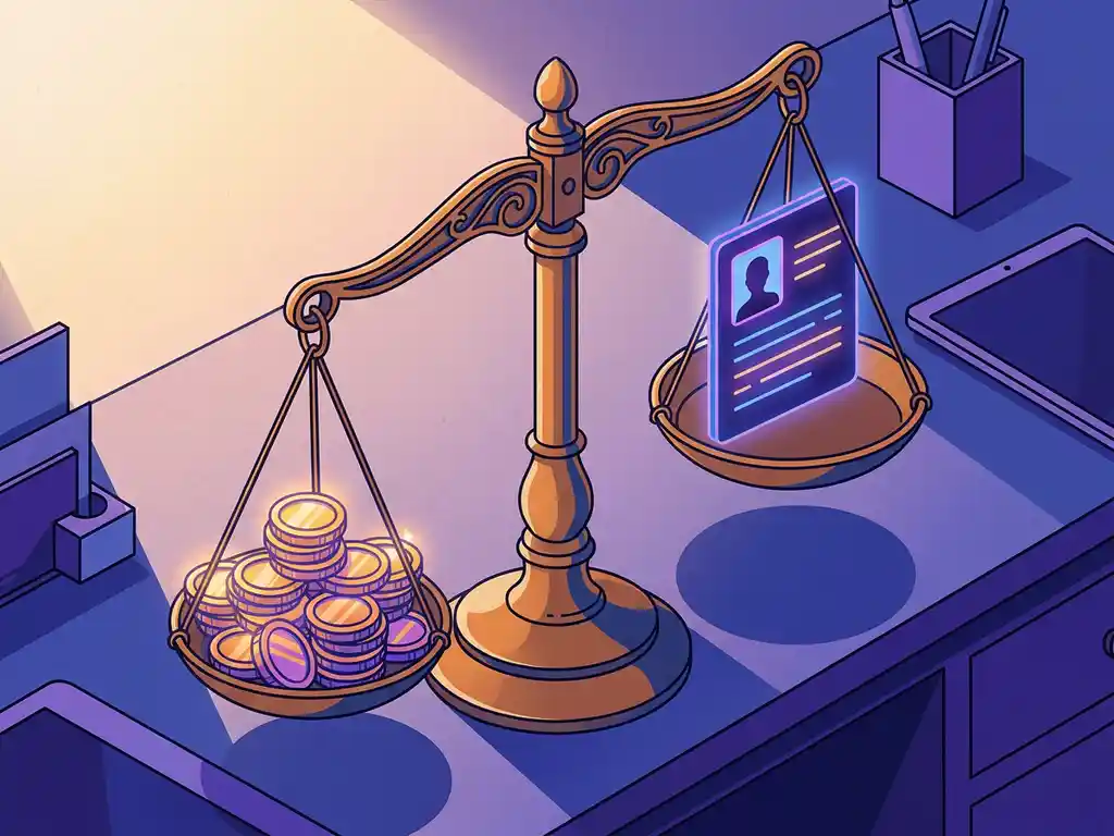 Messing weegschaal met goudstapel tegenover gloeiend kandidaatprofiel op modern bureau, illustratie in blauw, violet en amber.