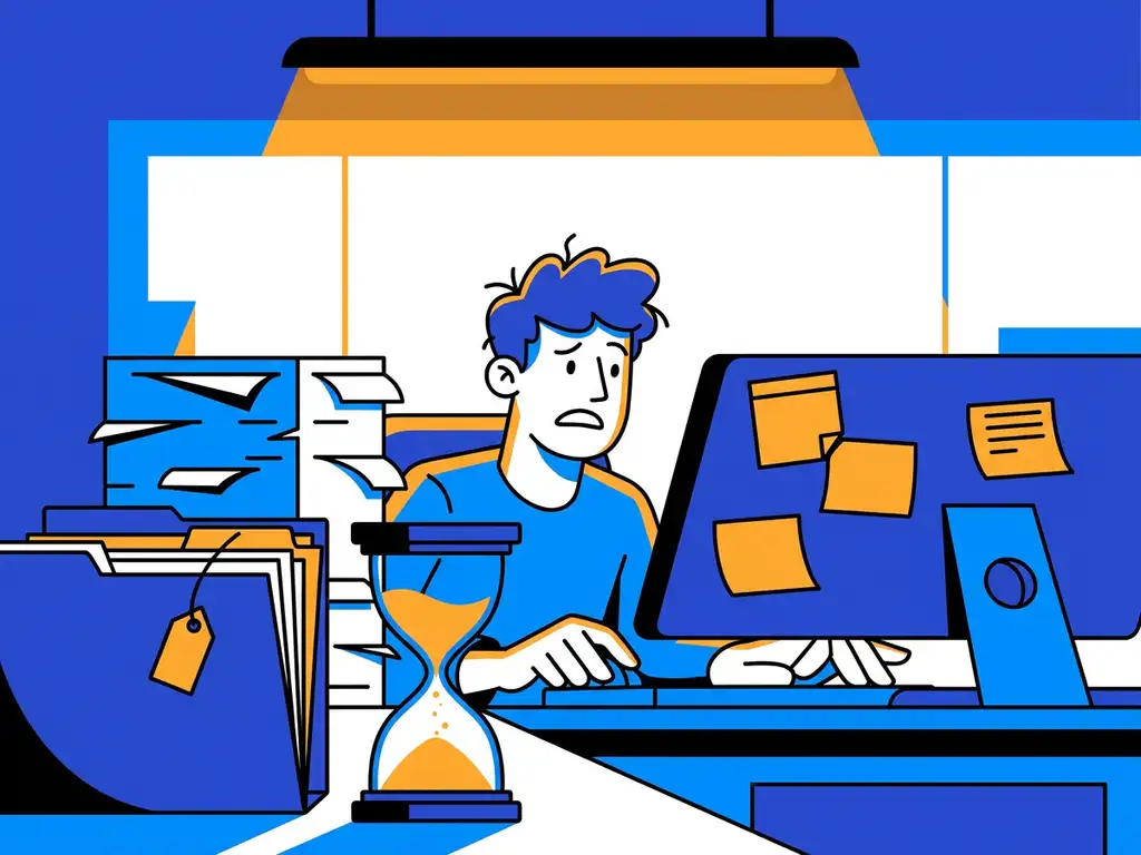 HR-professional omringd door stapels cv's, mappen en sticky notes op kantoor, met zandloper op de voorgrond.