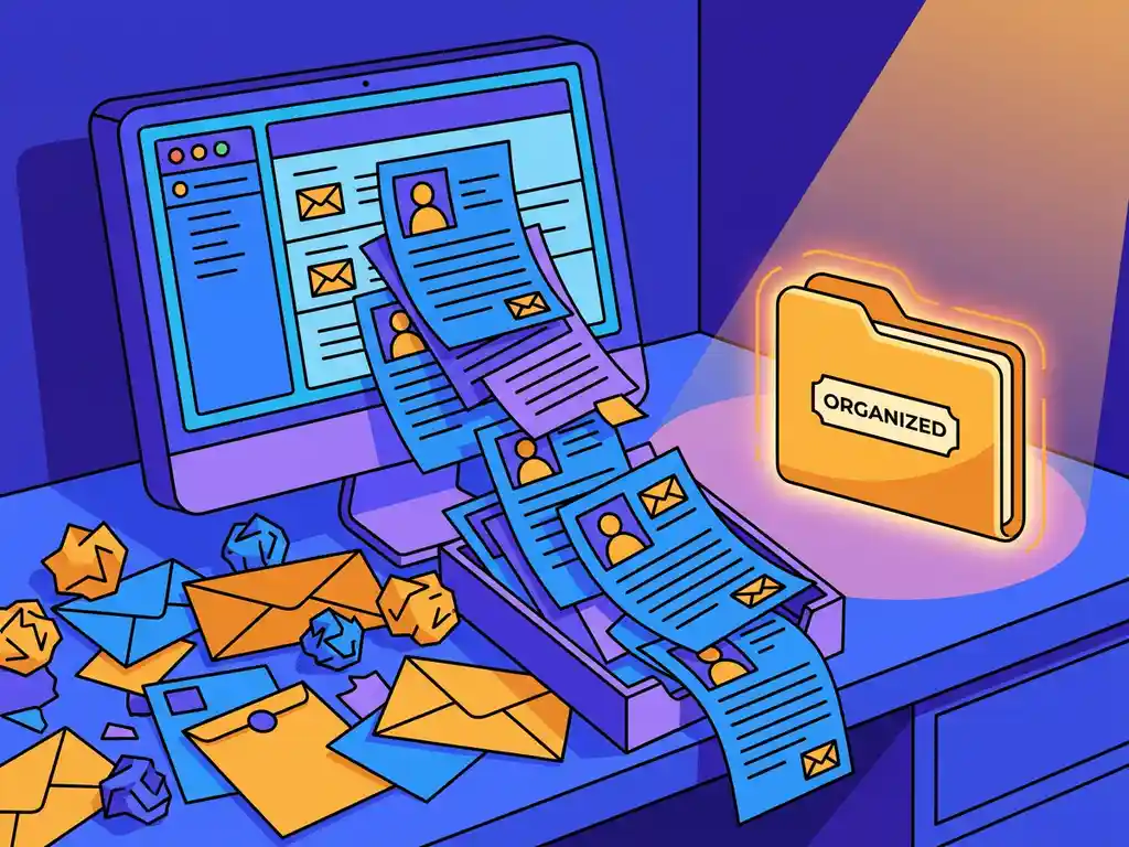 Overvolle e-mailinbox met papieren cv's en verspreide enveloppen op rommelig bureau, één ordelijke map straalt helder op als contrast.