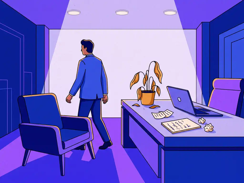 Kandidaat verlaat recruitmentkantoor met lege interviewstoel, verwelkte plant en ongerepte notities op modern bureau.