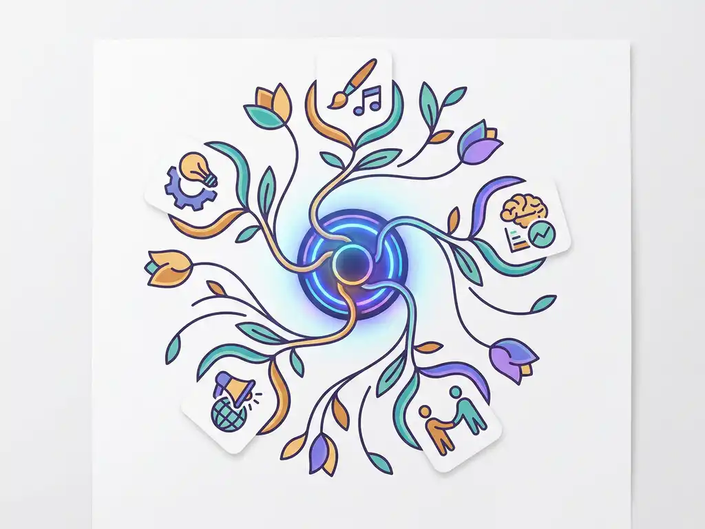 Kandidaatprofielkaarten verbonden via een centraal CRM-systeem, weergegeven als een bloeiende talentengarden in blauw, violet en teal.