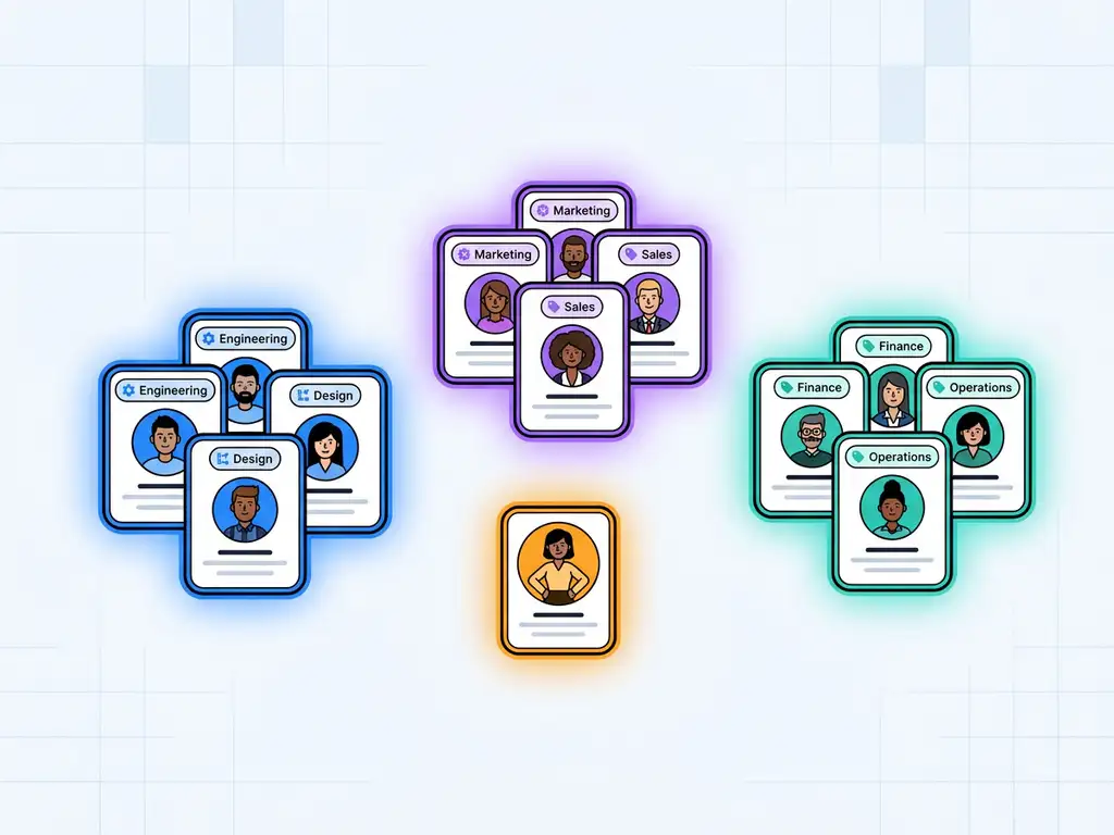 Kleurgecodeerde kandidaatprofielen gesorteerd in gloeiende clusters van blauw, violet en teal, met één kaart uitgelicht in amber.