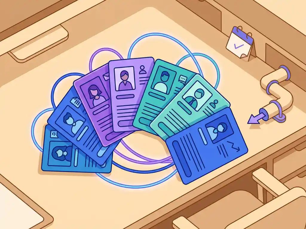 Digitale rolodex met kandidaatprofielen verbonden door gebogen lijnen op een modern bureau, in kobaltblauw en violet met teal accenten.