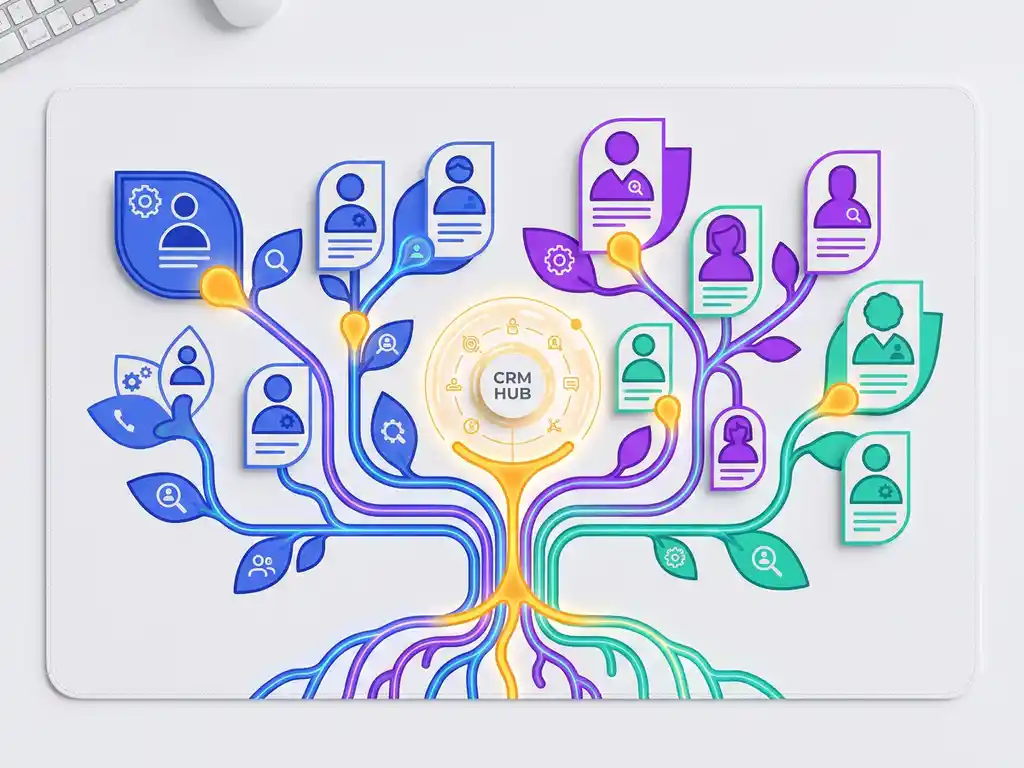 Diverse kandidaatprofielkaarten verbonden via een CRM-netwerk in elektrisch blauw, violet en teal, bovenaanzicht.