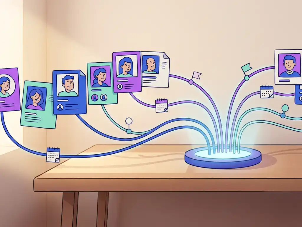 Digitale pipeline met kandidaatprofielkaarten die via gebogen lijnen naar een centraal lichtgevend hub stromen, met kalender- en mijlpaalmarkeringen.