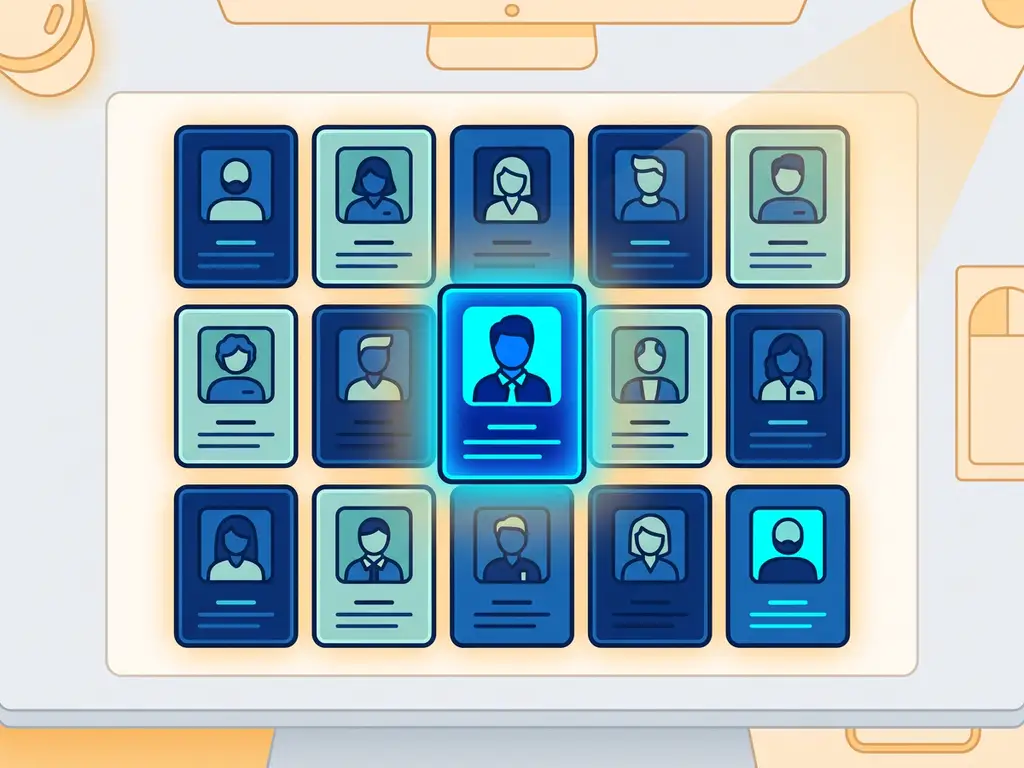Gestileerde kandidaatprofielkaarten in een gloeiend talentarchief, één kaart uitgelicht in levendig blauw, vlakke vectorillustratie.