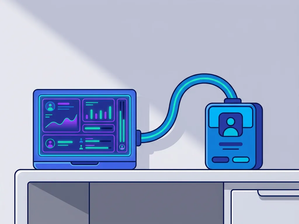 Recruitmentdashboard verbonden via kabel met LinkedIn-profielkaart op modern bureau, vlakke vectorillustratie in blauw en violet.
