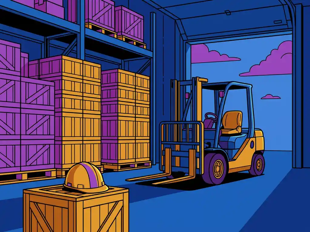 Lege vorkheftruck naast onbewerkte pallets in een magazijn met een bouwhelm op een krat, geen personeel zichtbaar.