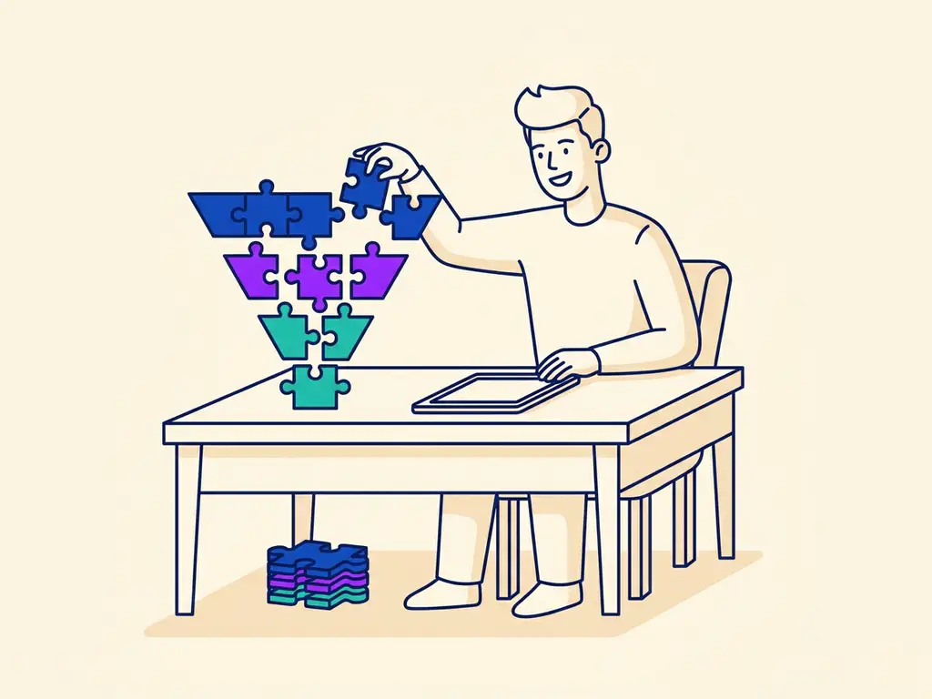 Jonge ondernemer selecteert kleurrijke puzzelstukken in trechtervorming, symboliserend wervingsfasen in blauw, paars en teal.