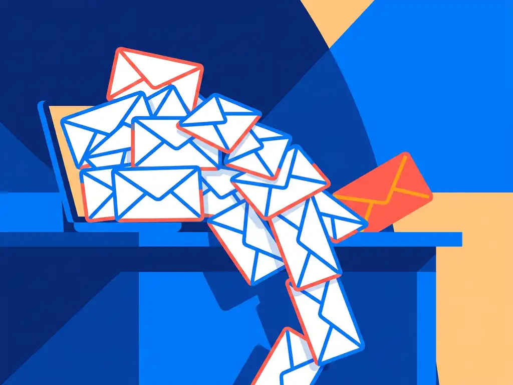 Overvolle e-mailinbox met stapels witte enveloppen die van een bureau vallen, één koraalrode envelop glipt weg achter de stapel.