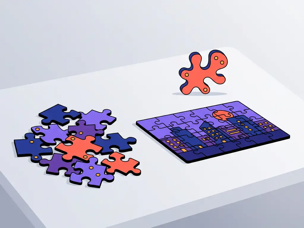 Stapel puzzelstukjes op modern bureau met één afwijkend stuk, vlakke vectorillustratie in blauw, violet en koraalrood.