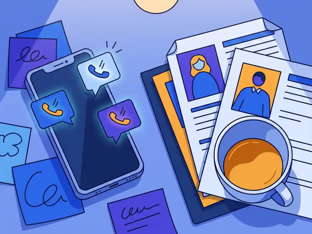 Recruitersbureau met smartphone vol gemiste oproepen, omringd door plakbriefjes en een kandidatenpipeline-uitdraai, halfvolle koffiekop erbij.