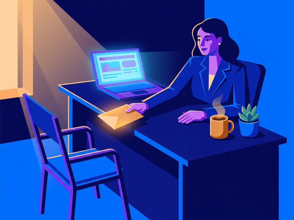 Recruiter aan modern bureau reikt handgeschreven kaart aan over lege stoel, met koffie en succulent, in vlakke illustratiestijl met blauw-violet palet.