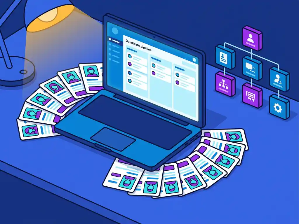 Recruiters bureau van bovenaf met laptop waarop kandidatenpipeline-dashboard, profielkaarten en miniorganigram in vlakke vectorillustratie.