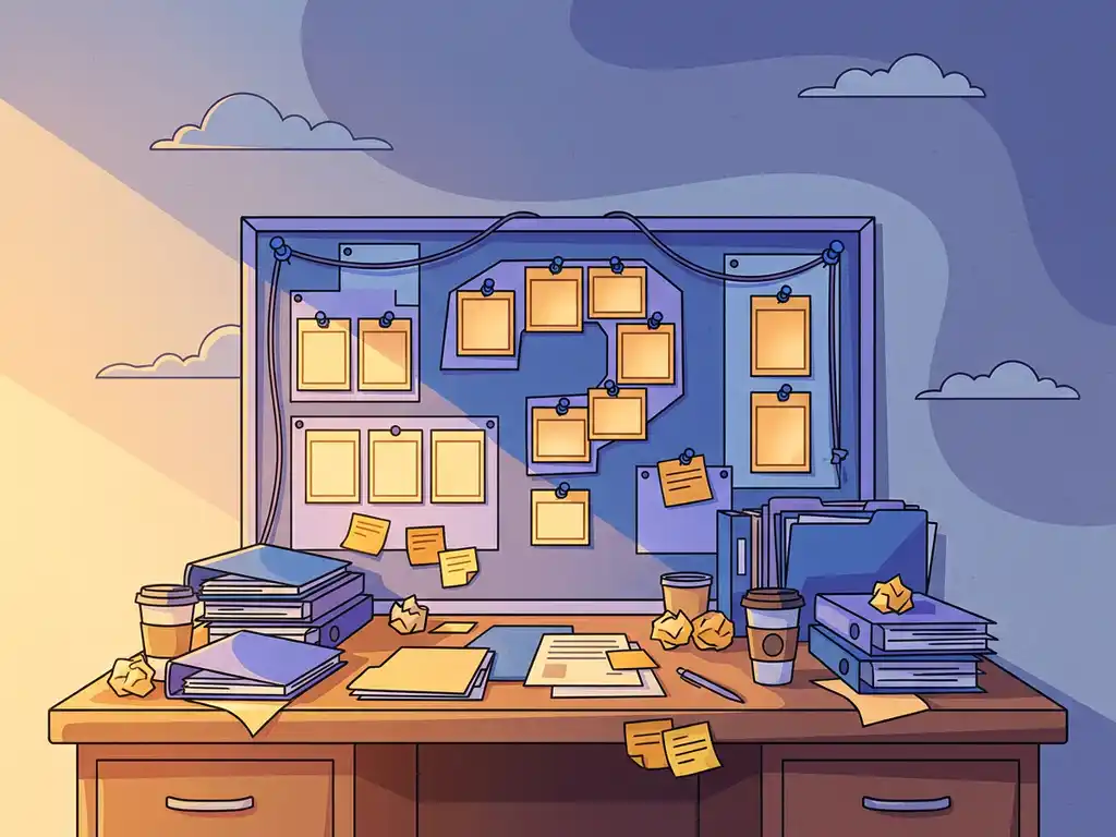 Rommelig bureau van een recruiter met sticky notes, open mappen en een prikbord waarop lege vacaturekaartjes een vraagteken vormen.