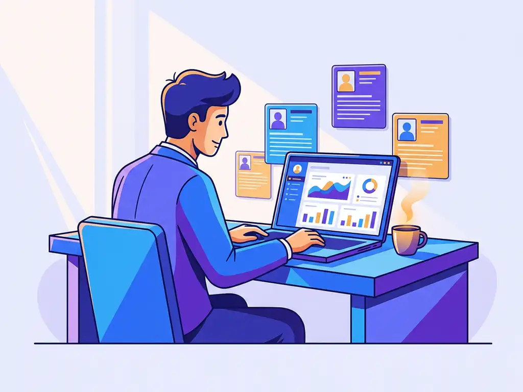 Recruiter aan modern bureau met CRM-dashboard op laptop, omringd door kandidaatprofielen in blauw-violet kleurenpalet.