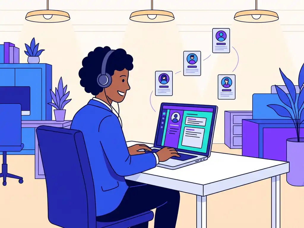 Recruiter aan modern bureau met recruitmentdashboard op laptop in lichte kantooromgeving met blauwe en violette tinten.