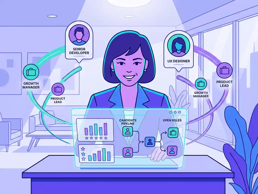 Recruiter bekijkt een digitaal kandidatendashboard met profielkaarten en verbindingslijnen naar openstaande vacatures.