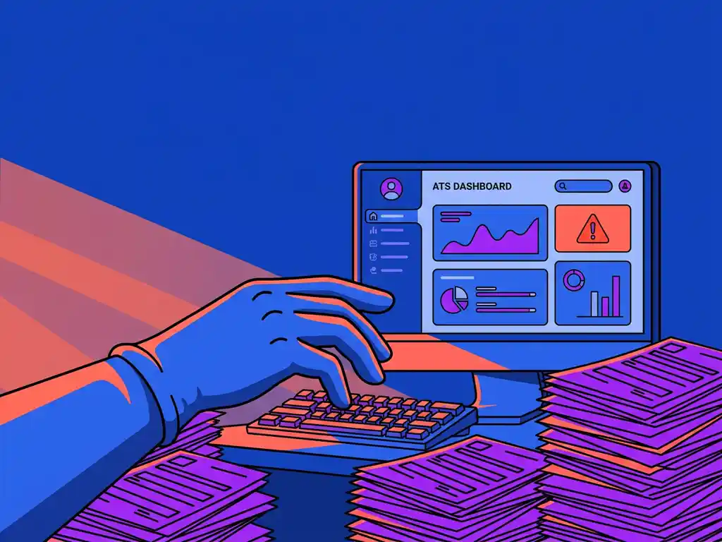 Gefrustreerde recruiter met hand boven toetsenbord, omringd door stapels identieke papieren formulieren, ATS-dashboard zichtbaar op achtergrondscherm.