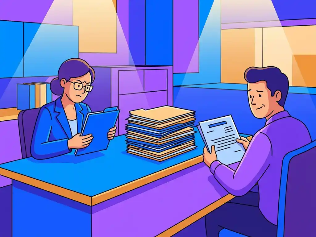 Recruiter en hiring manager aan weerszijden van een modern bureau, elk verward naar eigen document kijkend, stapel kandidatendossiers onaangeroerd ertussen.