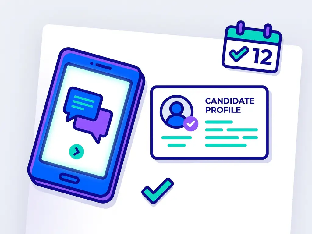 Smartphone met chatinterface naast kandidaatprofiel op wit bureau, symboliseert directe recruiter-kandidaat communicatie via messaging.