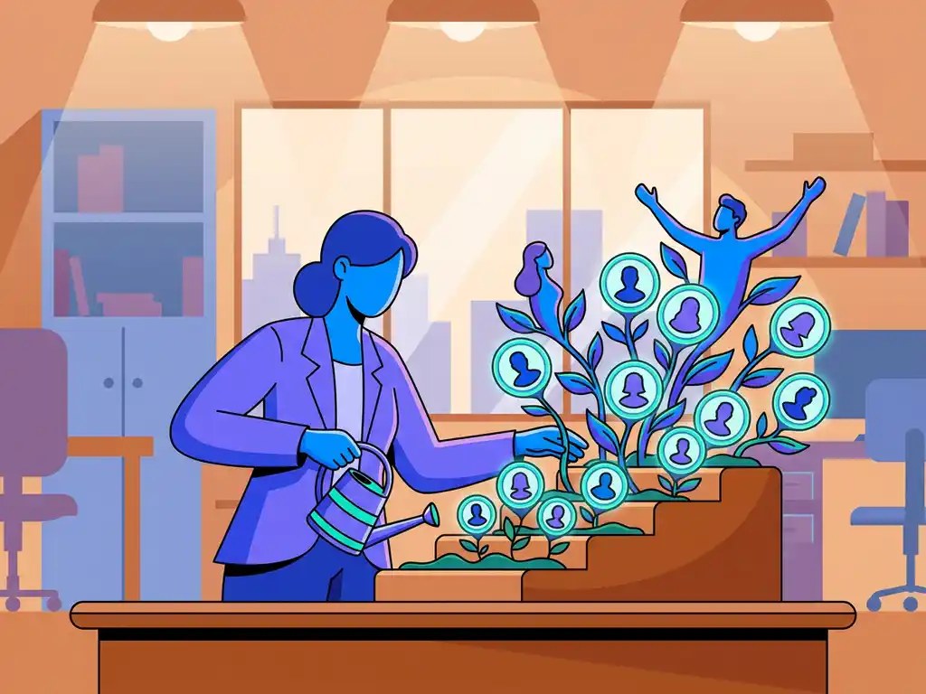 Recruiter die een netwerk van kandidaten verzorgt, weergegeven als menselijke silhouetten die als planten opbloeien uit profielkaarten.